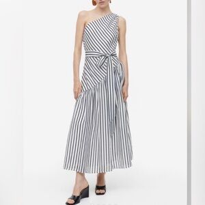 H&M Black White Stripe Print Lyocell One Shoulder Midi Maxi Dress NWT